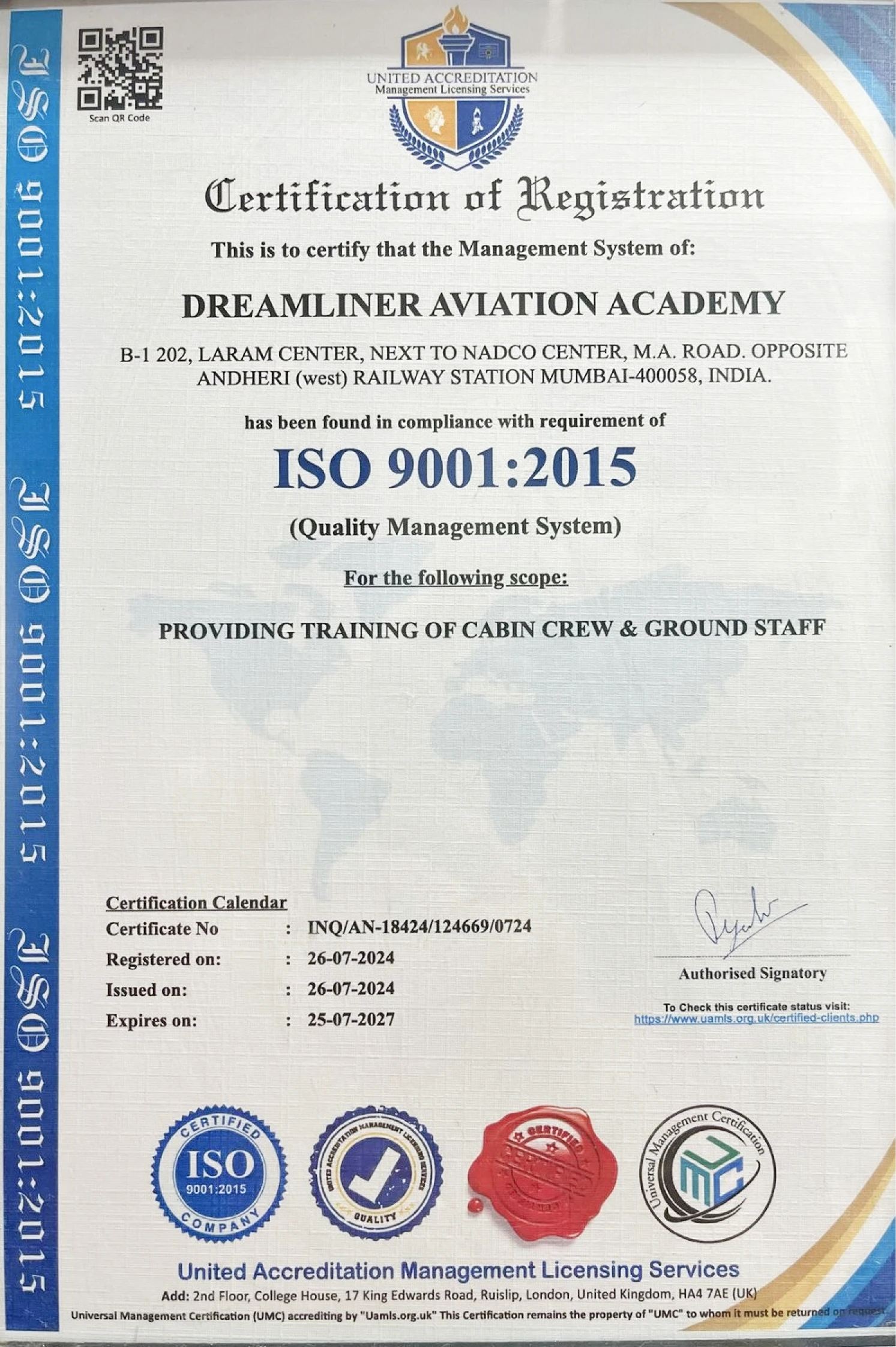 Dreamliner Aviation Academy ISO 9001:2015 Certificate